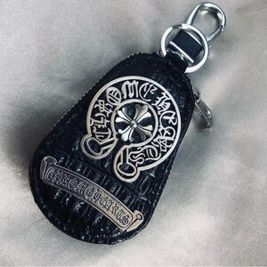 Chrome Hearts Black Leather Key Holder with Silver Cross Emblem